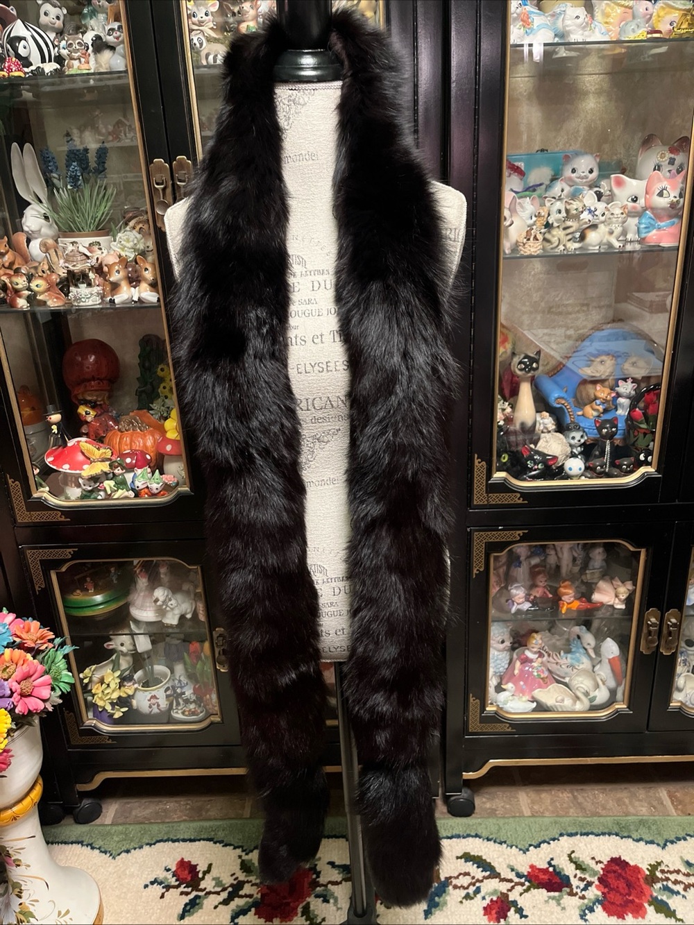 Vintage Extra Long Black Fox Fur Scarf Stole Double Tails 90”
